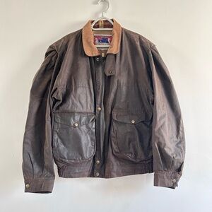Vintage Koolah Men's Brown Waxed Bomber Jacket with Corduroy Collar